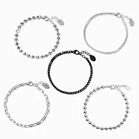Silver-tone & Black Chain Bracelets - 5 Pack 