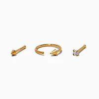 20G Gold-tone Titanium Cubic Zirconia Spike Nose Studs & Hoop - 3 Pack