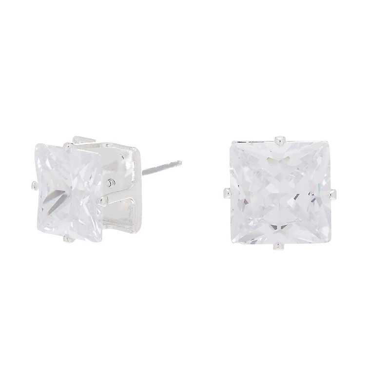 Silver-tone Cubic Zirconia 10mm Square Stud Earrings