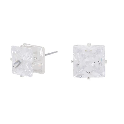 Silver-tone Cubic Zirconia 10mm Square Stud Earrings