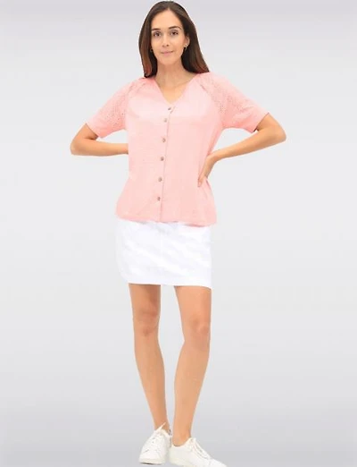 Solid Cotton V-Neck Button-Front Top with Elegant Eyelet Short Sleeves by Erika