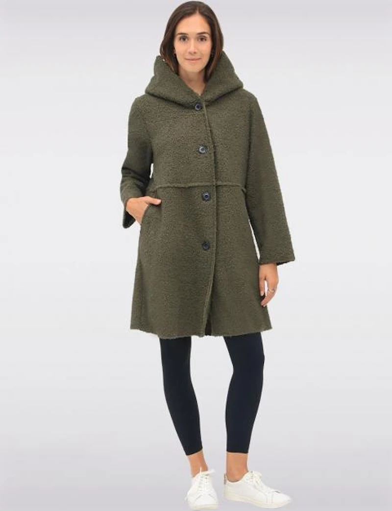 Button-up Long Relaxed Fit Hooded Bouclé Cardigan with Pockets by Froccella