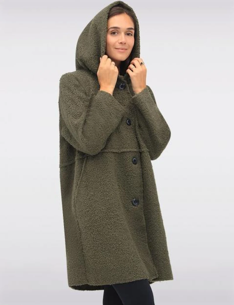 Button-up Long Relaxed Fit Hooded Bouclé Cardigan with Pockets by Froccella