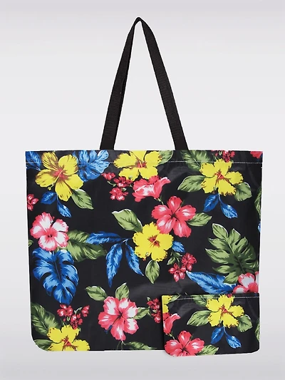 Reusable Foldable Black Tote Red Floral Print | Compact & Recycled Shopping Bag