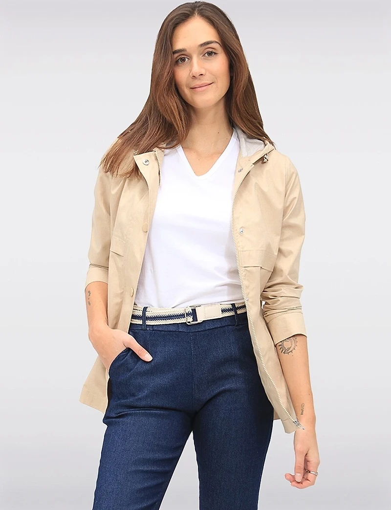 Sleek Slim Fit Vegan Belted Parka Jacket with Hood by Point Zero