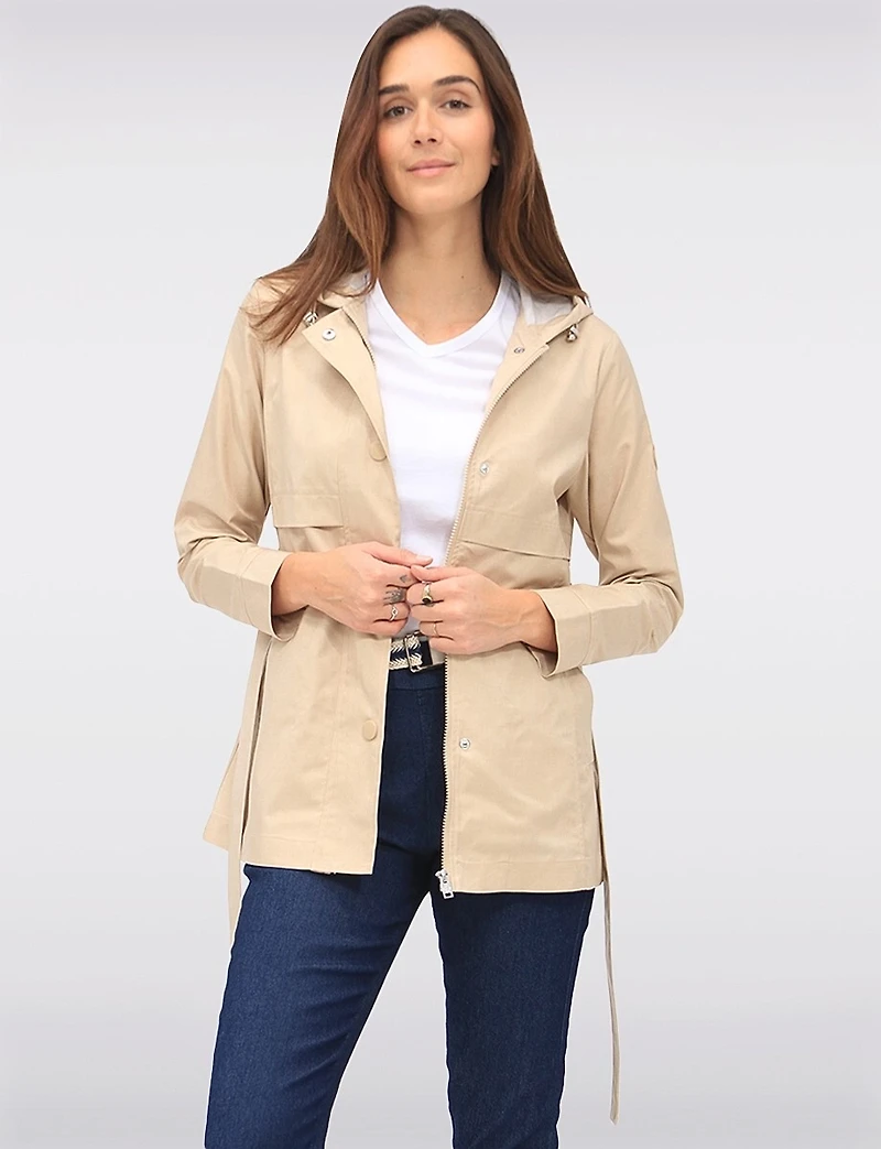 Sleek Slim Fit Vegan Belted Parka Jacket with Hood by Point Zero