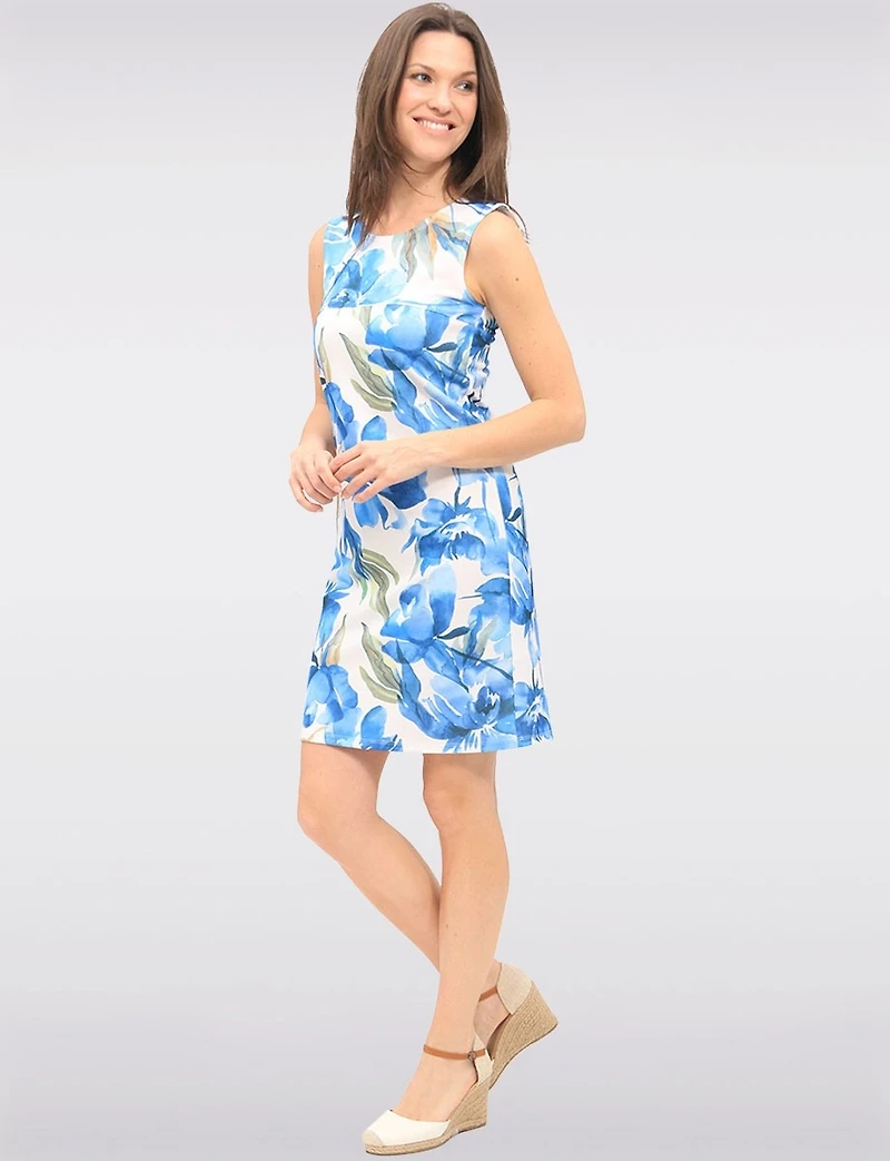 Sleeveless Blue Floral Print Slim Fit Knee Length Dress by Vamp