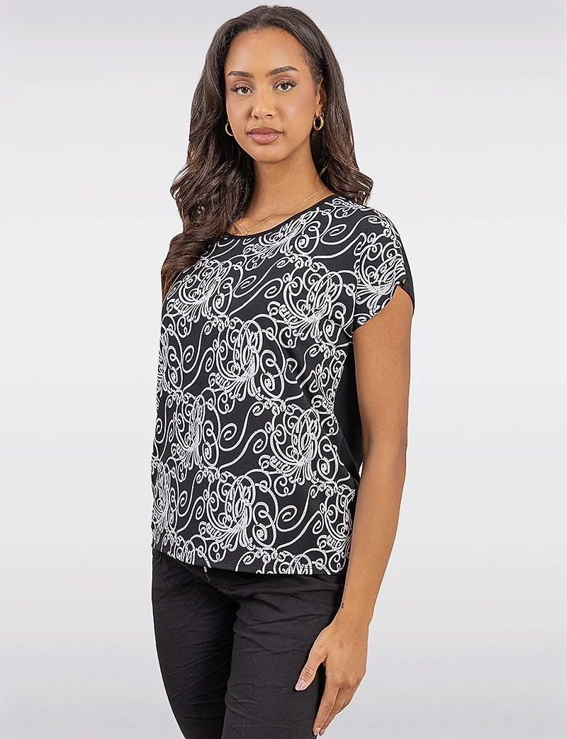 Chic Black & White Printed Cap Sleeve Top with Asymmetrical Hemline by Vamp
