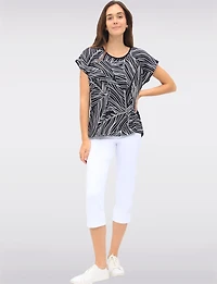 Black & White Abstract Print Tunic with Cap Sleeves and Rounded Hem by Vamp