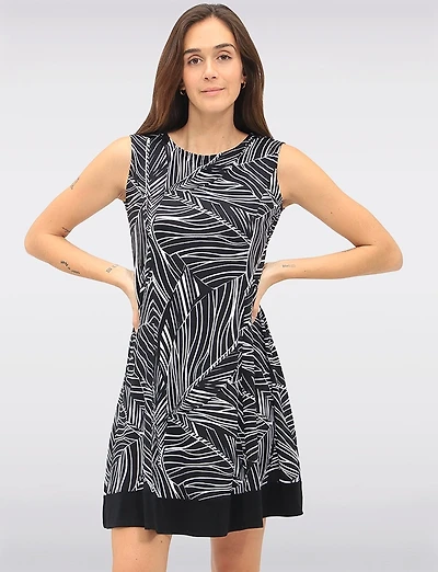 Sleeveless A-line Dress with Black & White Abstract Print & Contrast Hem by Vamp