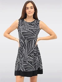 Sleeveless A-line Dress with Black & White Abstract Print & Contrast Hem by Vamp