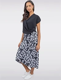 Chic Floral Black & White Faux Wrap Skirt with Side Tie by Vamp