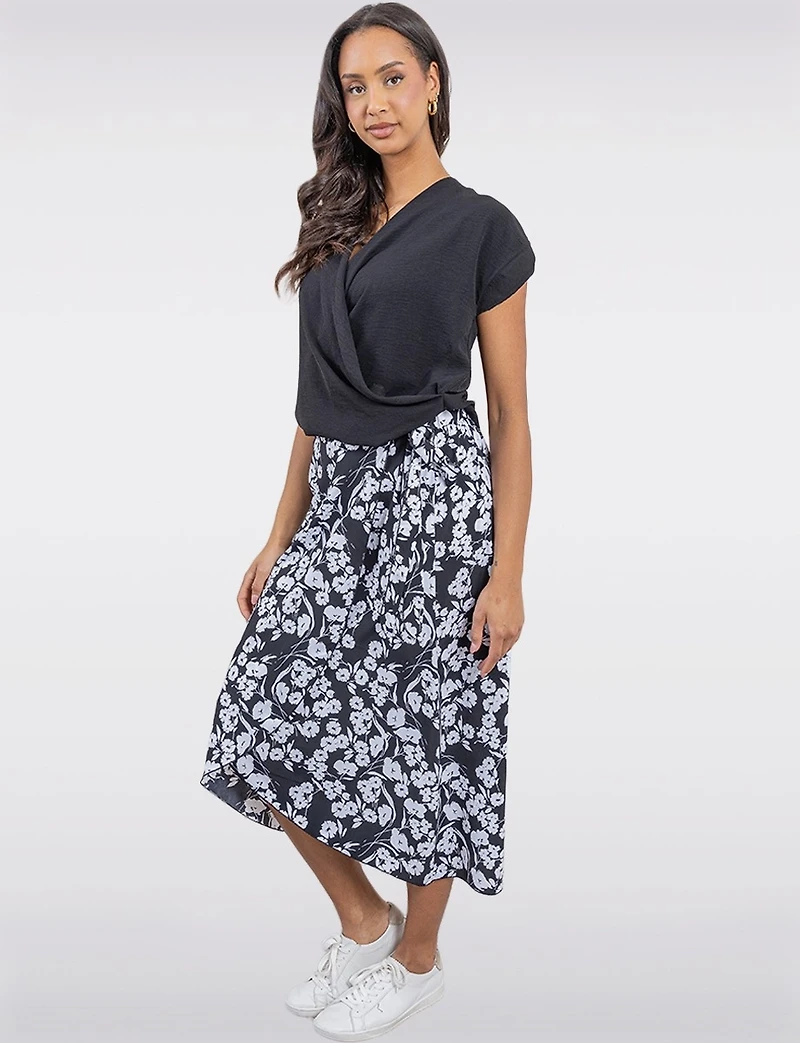 Chic Floral Black & White Faux Wrap Skirt with Side Tie by Vamp