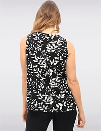 Chic Lightweight Leaf Print Sleeveless V-Neck Blouse with Front Pleat by Vamp