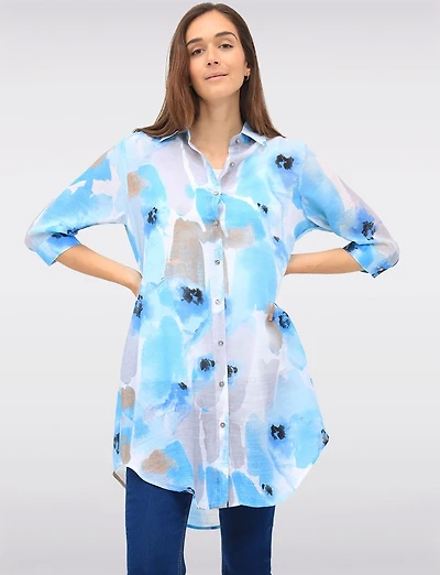 Chic Abstract Watercolor Print Button-Down Blouse with 3/4 Sleeves by Fun Sports