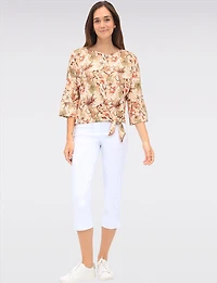 Floral Print Stretch Round Neck 3/4 Dolman Sleeves Top with Front Tie Hem by GWV