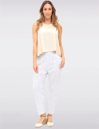 Sleek Striped Pull-On Linen-Blend Barrel Pants with Pockets by Julia Paradis