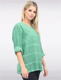 Light Linen Blend Three-quarter Sleeve Horizontal Stitch Detail Top by Froccella