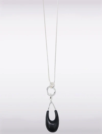 Modern Silver-Tone Necklace with Black Stone Teardrop Pendant