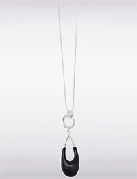 Modern Silver-Tone Necklace with Black Stone Teardrop Pendant