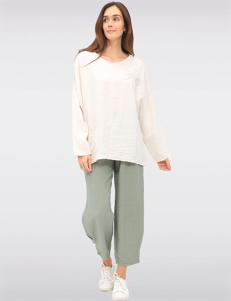 Lightweight Crinkled Flowy 3/4 Sleeve Flower Applique Top by Froccella