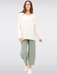 Lightweight Crinkled Flowy 3/4 Sleeve Flower Applique Top by Froccella