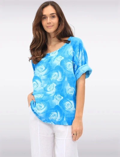 Breathable Cotton Circle-Print Short Sleeve Top with Round Neckline by Froccella