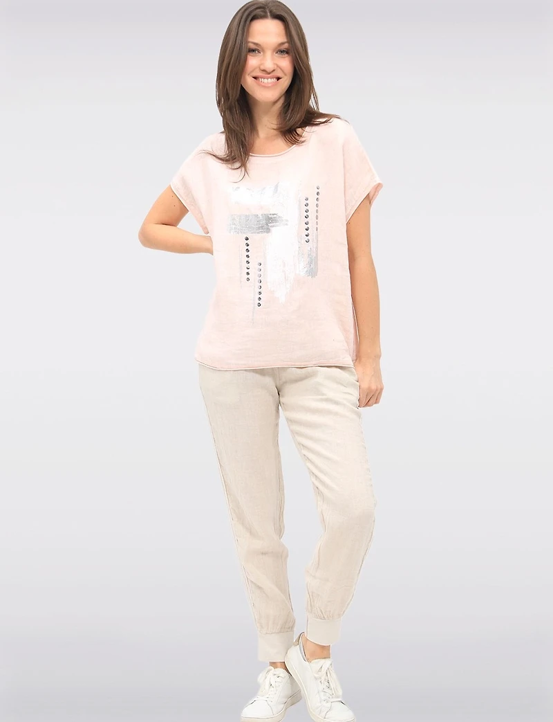 Pull-On Linen Pants with Cuffed Hem and Metallic Tape Detail by Froccella