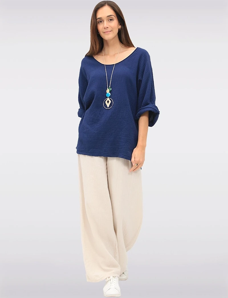 V-Neck 3/4 Sleeve Crinkled Cotton Loose Fit Top with Necklace by Froccella
