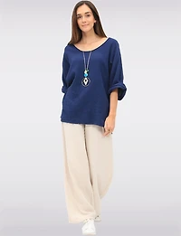 V-Neck 3/4 Sleeve Crinkled Cotton Loose Fit Top with Necklace by Froccella