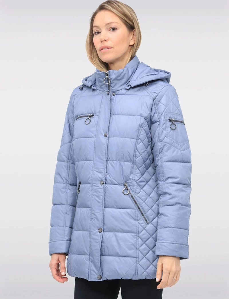 Diamond Quilted Sides Mid-length Puffer Jacket Detachable Hood by Danwear