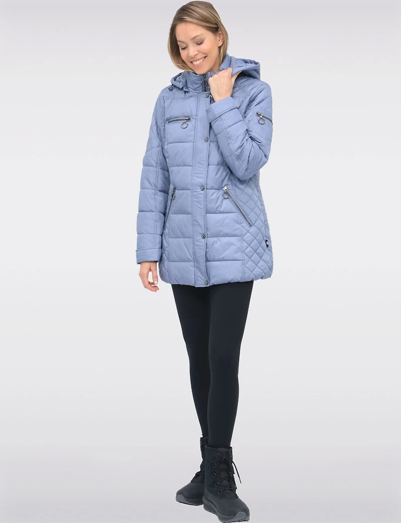 Diamond Quilted Sides Mid-length Puffer Jacket Detachable Hood by Danwear