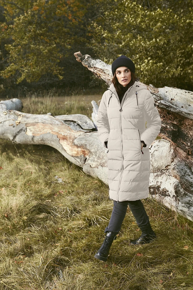 Matte Long Straight Quilted Insulated Jacket with Detachable Hood by Frandsen