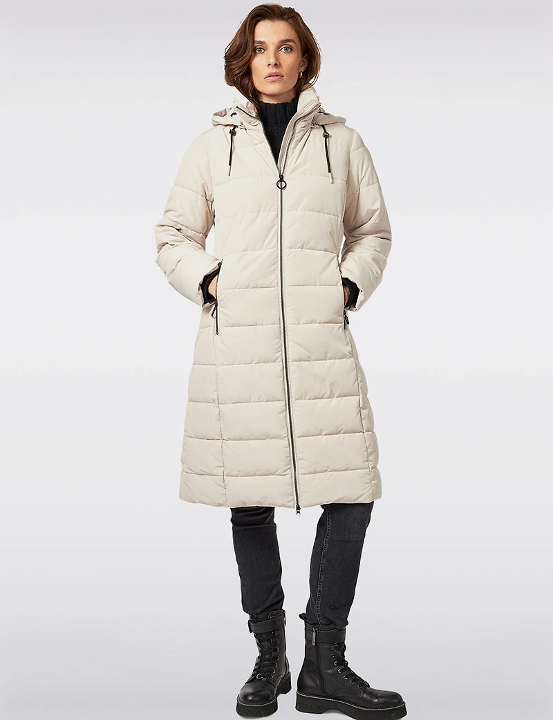 Matte Long Straight Quilted Insulated Jacket with Detachable Hood by Frandsen