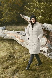 Matte Long Straight Quilted Insulated Jacket with Detachable Hood by Frandsen