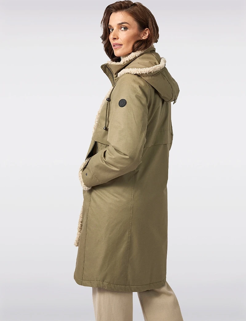 Chic Straight Cut Water Resistant Sherpa Trim Detachable Hood Coat by Frandsen