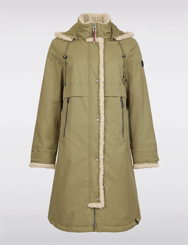 Chic Straight Cut Water Resistant Sherpa Trim Detachable Hood Coat by Frandsen