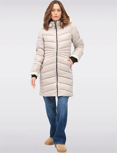 Long Vegan Quilted Puffer with Sherpa Accents and Removable Hood by Point Zero