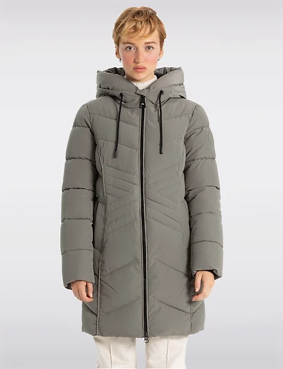 Slim Fit Vegan Long Matte Maxi Puffer Coat with Attached Hood by Point Zero