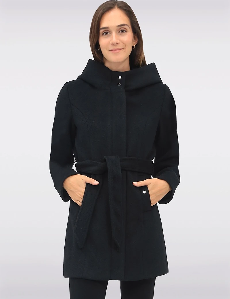 Chic Vegan Melton-Look Hooded Belted Coat with Zip Front Closure by Point Zero