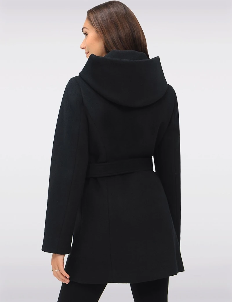 Chic Vegan Melton-Look Hooded Belted Coat with Zip Front Closure by Point Zero