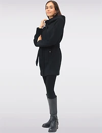 Chic Vegan Melton-Look Hooded Belted Coat with Zip Front Closure by Point Zero
