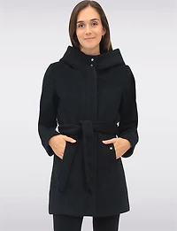 Chic Vegan Melton-Look Hooded Belted Coat with Zip Front Closure by Point Zero