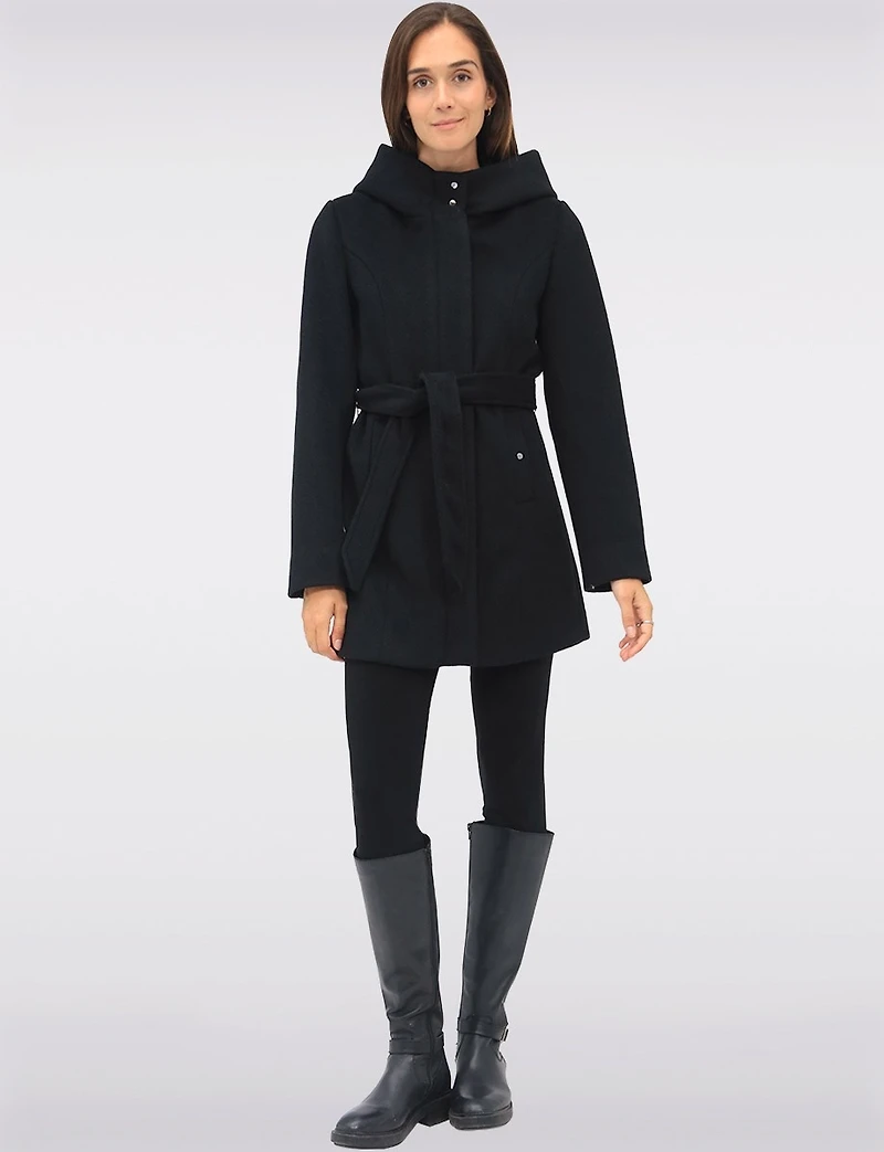 Chic Vegan Melton-Look Hooded Belted Coat with Zip Front Closure by Point Zero