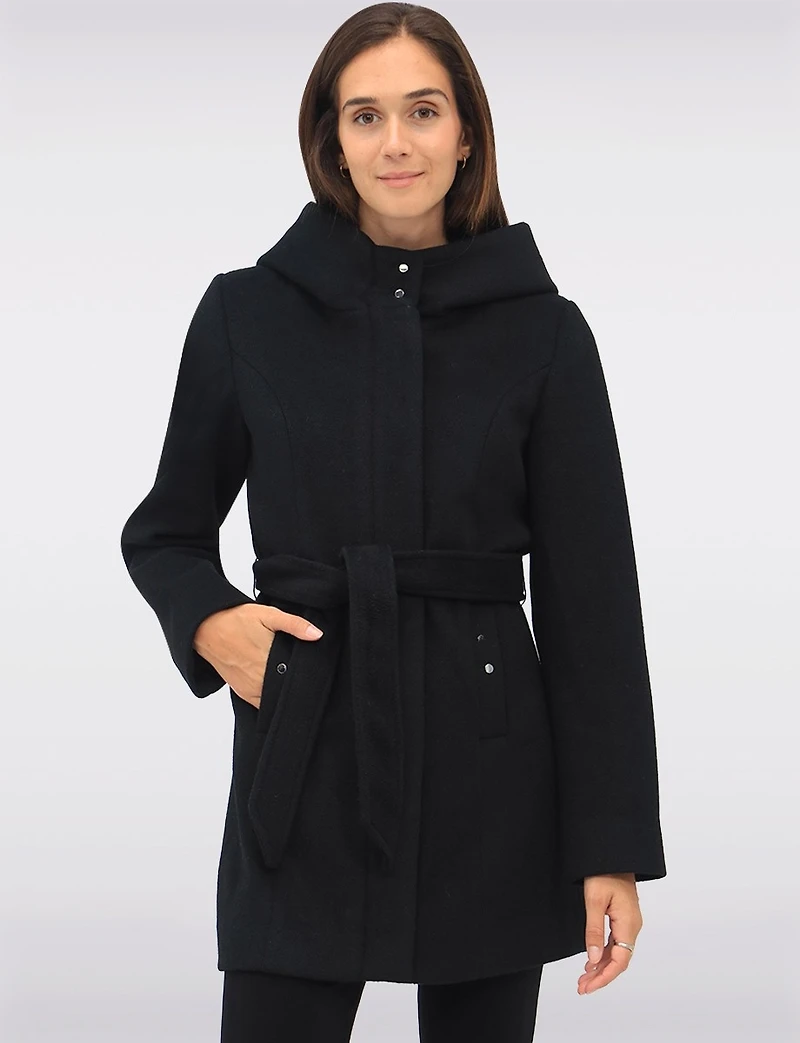 Chic Vegan Melton-Look Hooded Belted Coat with Zip Front Closure by Point Zero