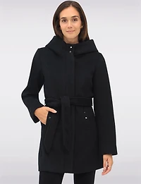 Chic Vegan Melton-Look Hooded Belted Coat with Zip Front Closure by Point Zero