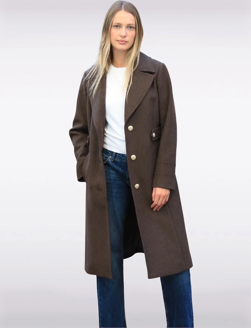 Chic Long Wool-Like Button Coat with Notch Collar & Defined Waist Tabs by Saki