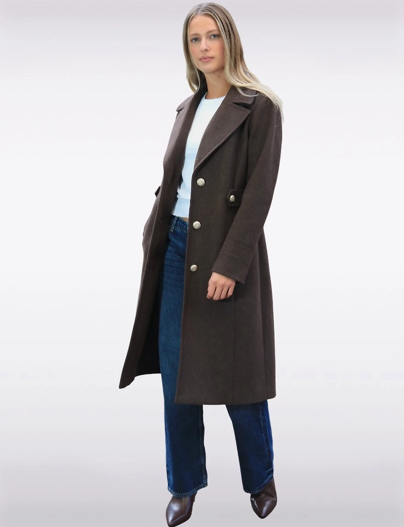 Chic Long Wool-Like Button Coat with Notch Collar & Defined Waist Tabs by Saki