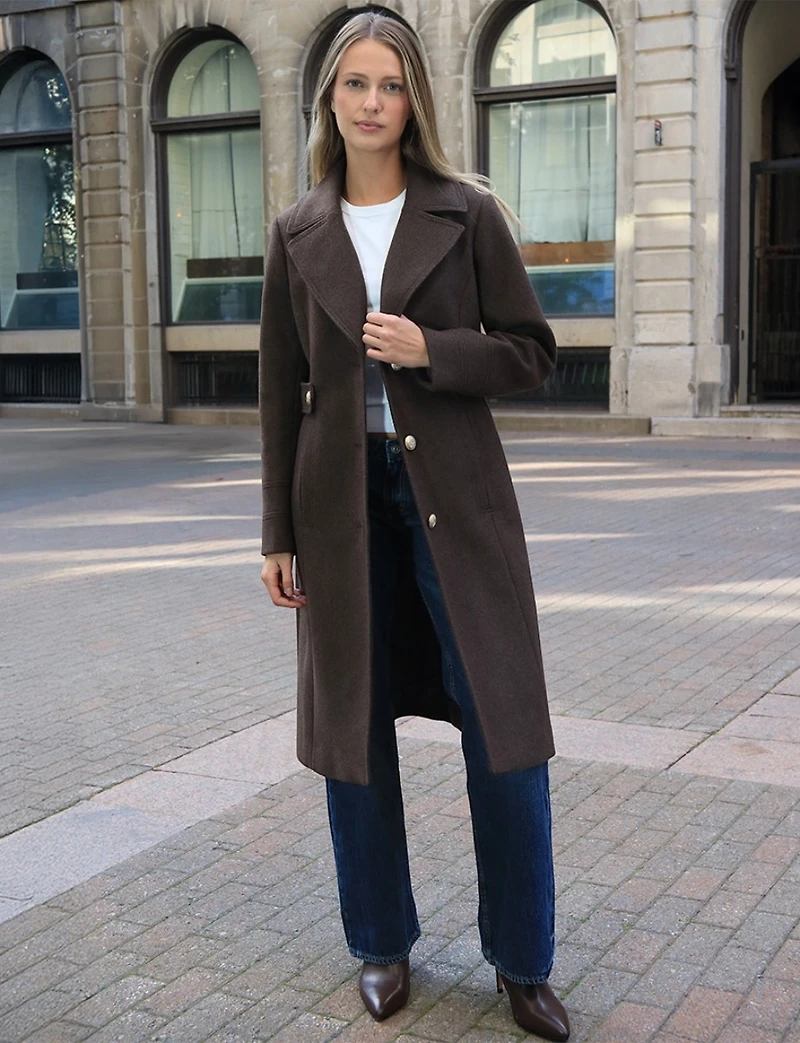 Chic Long Wool-Like Button Coat with Notch Collar & Defined Waist Tabs by Saki