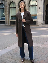 Chic Long Wool-Like Button Coat with Notch Collar & Defined Waist Tabs by Saki